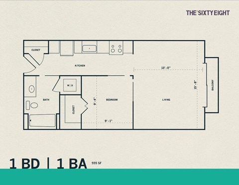 Floor plan for 1 bed, 1 bath, 555 sqft